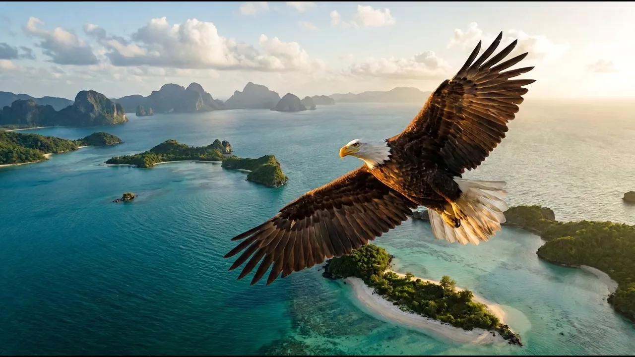 A bald eagle gliding over turquoise sea and green islands at golden hour